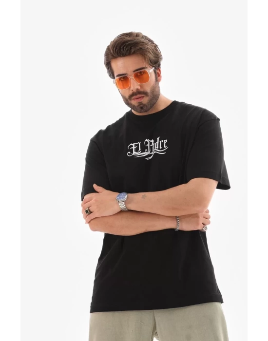 Unisex Bisiklet Yaka Baskılı Oversize T-Shirt - Siyah