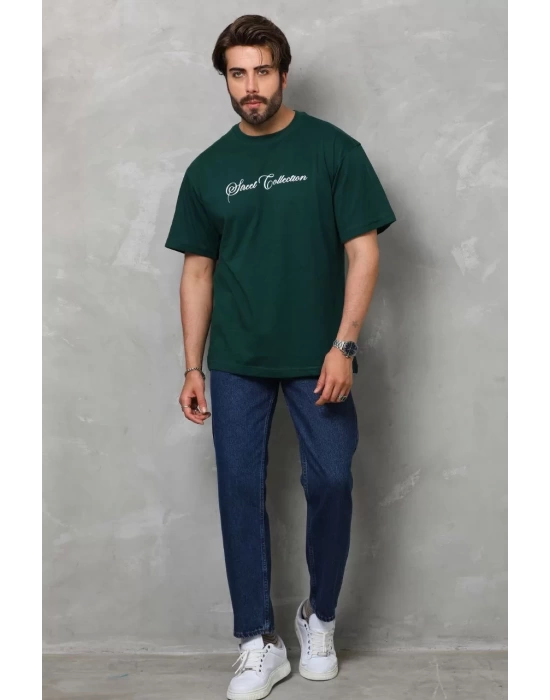 Unisex Bisiklet Yaka Baskılı Oversize T-Shirt - Yeşil