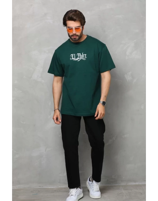 Unisex Bisiklet Yaka Baskılı Oversize T-Shirt - Yeşil