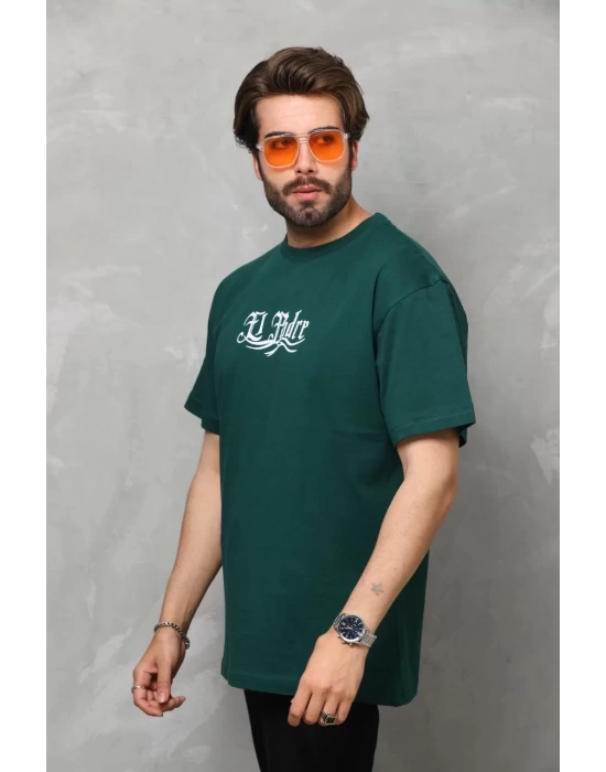 Unisex Bisiklet Yaka Baskılı Oversize T-Shirt - Yeşil