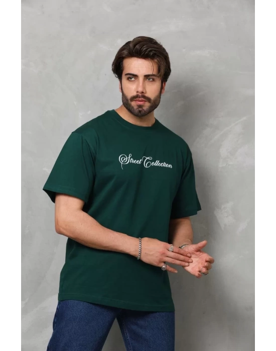 Unisex Bisiklet Yaka Baskılı Oversize T-Shirt - Yeşil