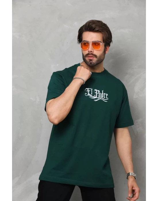 Unisex Bisiklet Yaka Baskılı Oversize T-Shirt - Yeşil