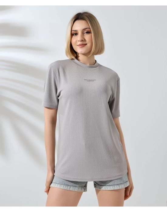 Unisex Bisiklet Yaka Baskılı Slim Fit T-Shirt - Boyalı Gri