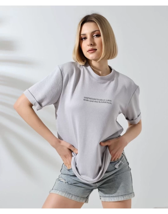 Unisex Bisiklet Yaka Baskılı Slim Fit T-Shirt - Boyalı Gri