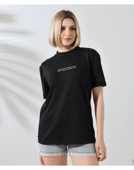 Unisex Bisiklet Yaka Baskılı Slim Fit T-Shirt - Siyah