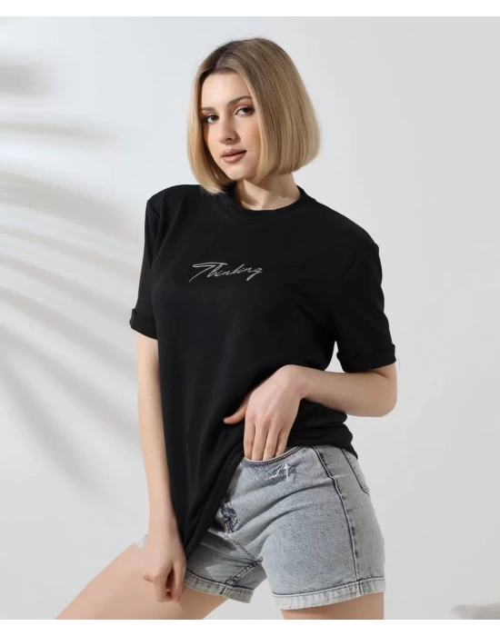 Unisex Bisiklet Yaka Baskılı Slim Fit T-Shirt - Siyah