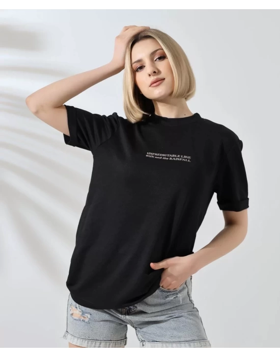 Unisex Bisiklet Yaka Baskılı Slim Fit T-Shirt - Siyah