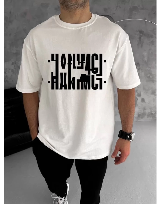 Unisex Bisiklet Yaka Katlanan Baskılı T-Shirt - Beyaz