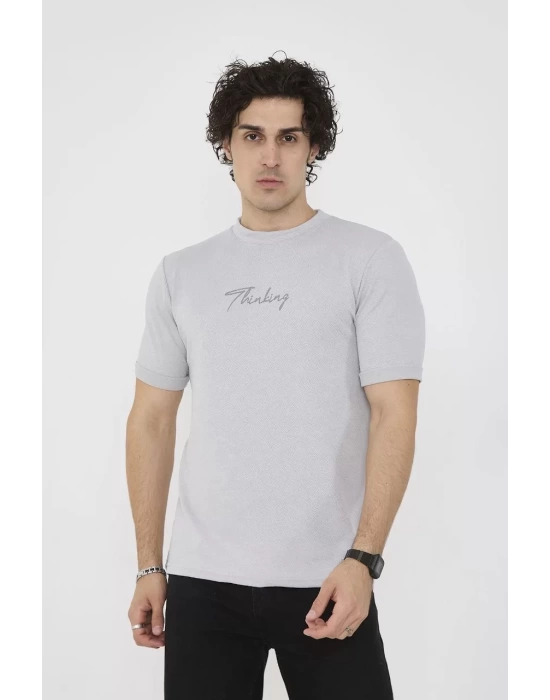 Unisex Bisiklet Yaka Slim fit T-Shirt- Boyalı Gri