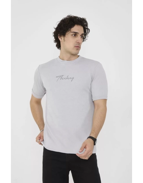 Unisex Bisiklet Yaka Slim fit T-Shirt- Boyalı Gri