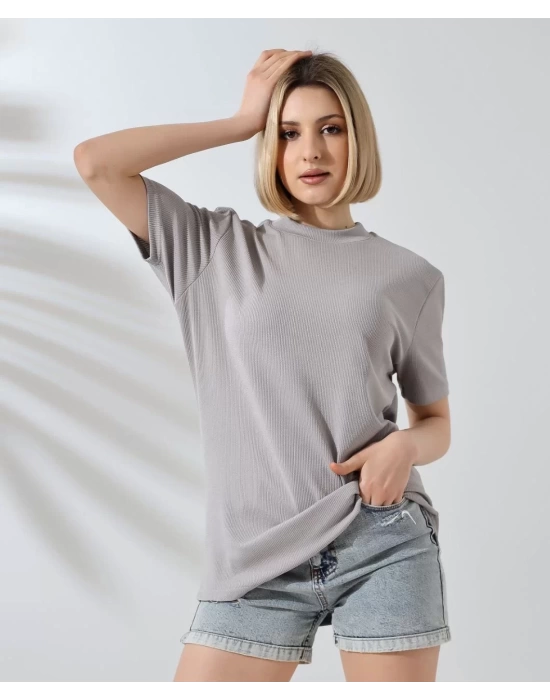 Unisex Bisiklet Yaka Slim Fit T-Shirt - Boyalı Gri