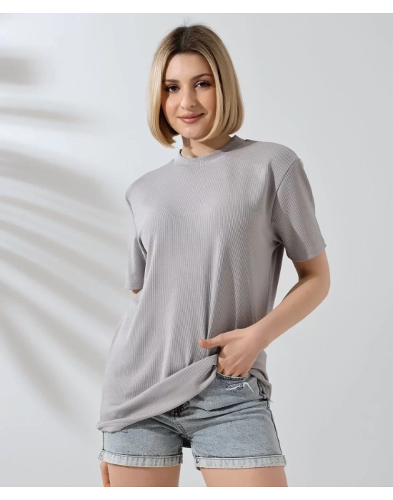 Unisex Bisiklet Yaka Slim Fit T-Shirt - Boyalı Gri