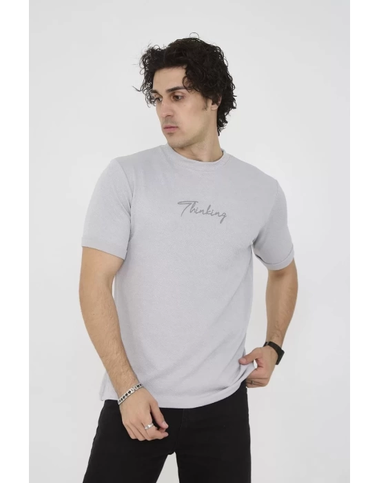 Unisex Bisiklet Yaka Slim fit T-Shirt- Boyalı Gri