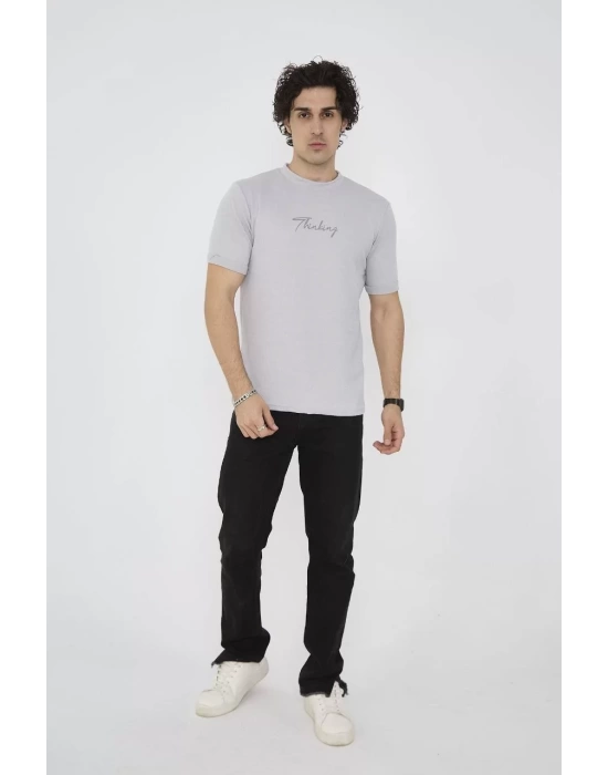 Unisex Bisiklet Yaka Slim fit T-Shirt- Boyalı Gri