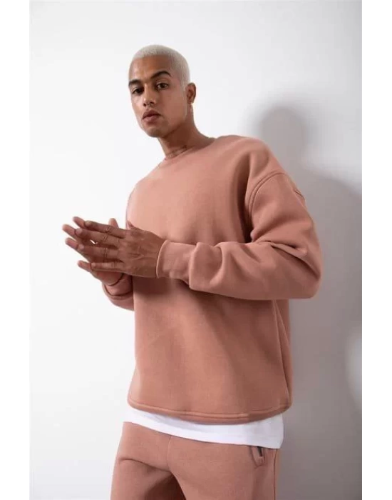 Unisex Biskilet Yaka Üç İplik SweatShirt - Pembe