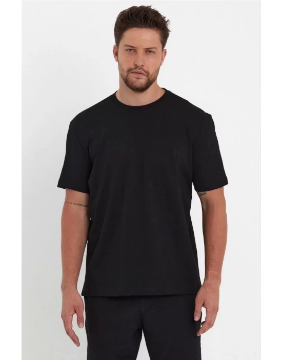 Unisex Düz Biskilet Yaka Oversize T-shirt - Siyah