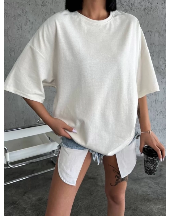 Unisex Düz Biskilet Yaka Oversize T-shirt - Beyaz