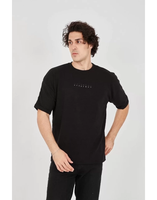 Unisex Jakar Kumaş Rahat Kol T-Shirt - Siyah