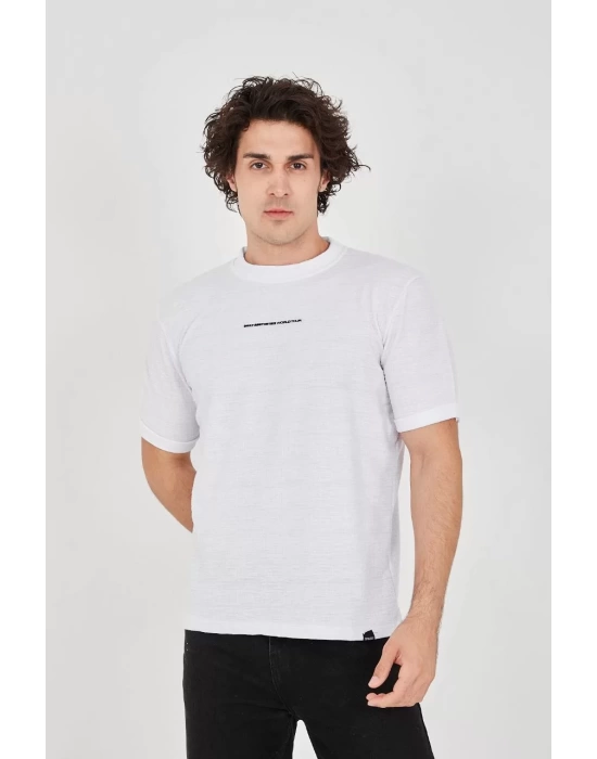 Unisex Jakar Kumaş Slim Fit T-Shirt - Beyaz