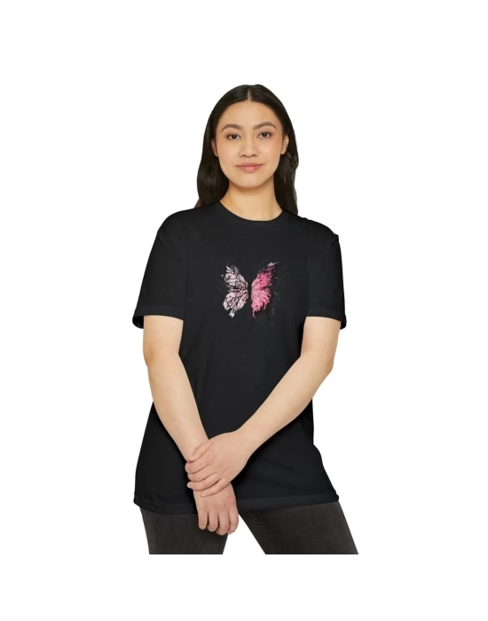 Unisex Kadın Bisiklet Yaka Baskılı T-Shirt - Siyah