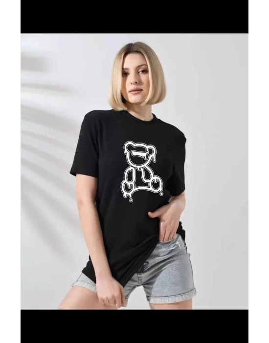 Unisex Kadın Bisiklet Yaka Baskılı T-Shirt - Siyah