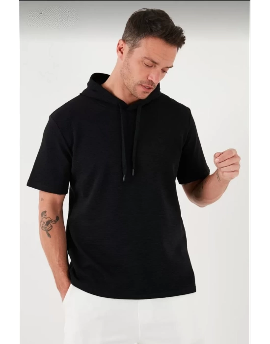 Unisex Kapşonlu Kısa Kol Düz Oversize T-shirt - Siyah