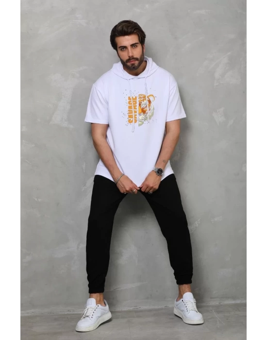 Unisex Kapşonlu Kısa Kol Oversize Baskılı T-Shirt - Beyaz