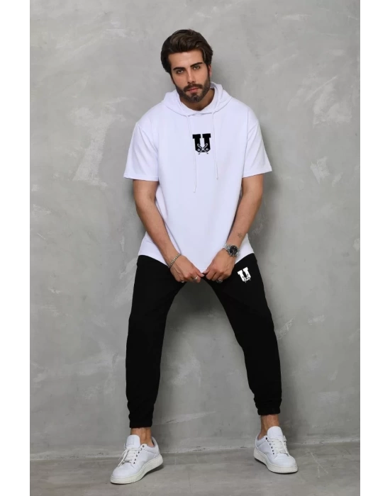 Unisex Kapşonlu Oversize T-Shirt Takım - Beyaz