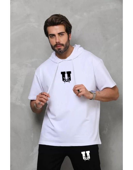 Unisex Kapşonlu Oversize T-Shirt Takım - Beyaz