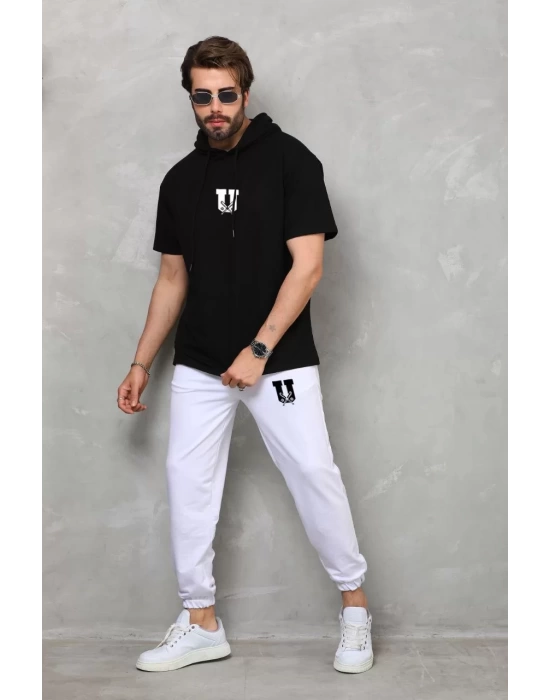 Unisex Kapşonlu Oversize T-Shirt Takım - Siyah