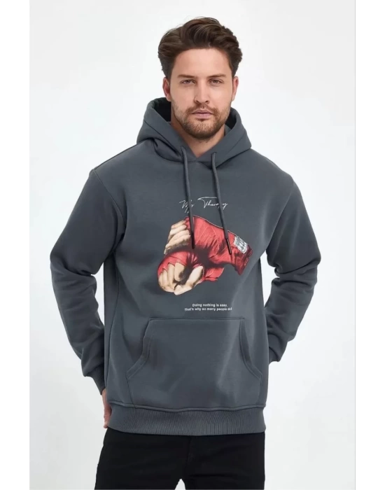 Unisex Kapüşonlu Üç İplik Oversize Baskılı Sweatshirt - Gri