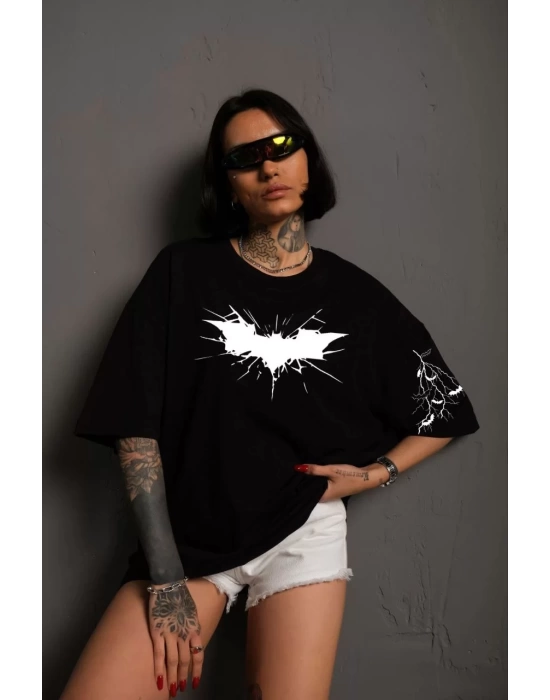 Unisex Ön ve Kol Baskılı Oversize T-shirt - Siyah