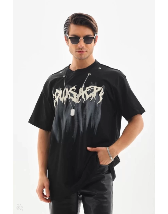 Unisex Oversize Kolye Dahil T-Shirt - Siyah