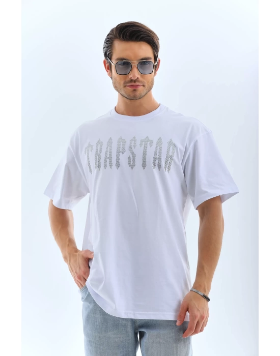 Unisex Oversize Taşlı Bisiklet Yaka T-Shirt - Beyaz