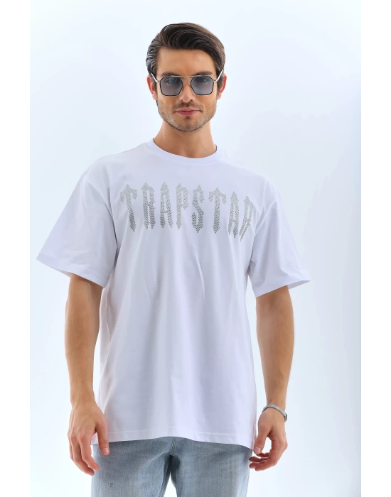 Unisex Oversize Taşlı Bisiklet Yaka T-Shirt - Beyaz