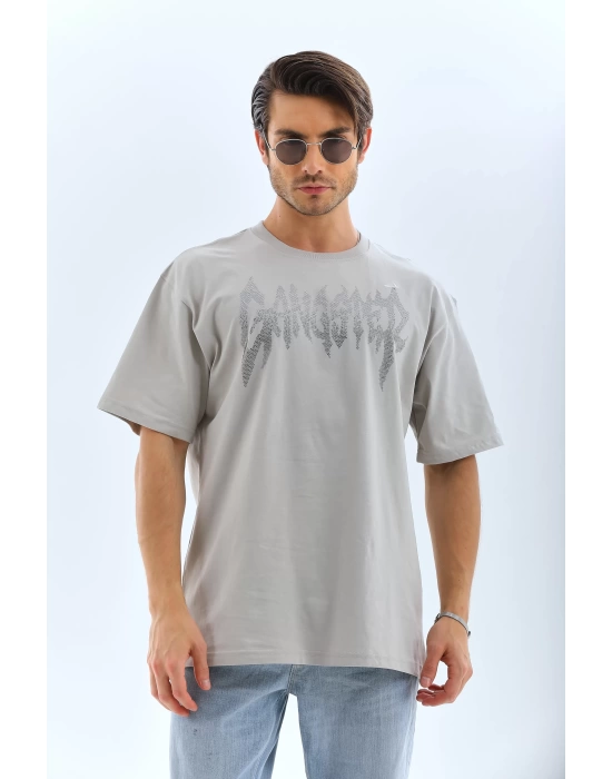 Unisex Oversize Taşlı Bisiklet Yaka T-Shirt - Gri