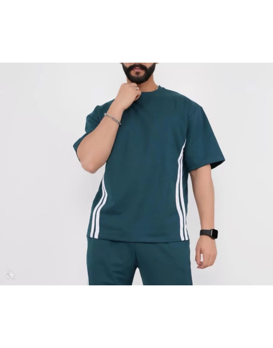 Unisex Oversize Yanları Şeritli T-Shirt - Cam Göbeği