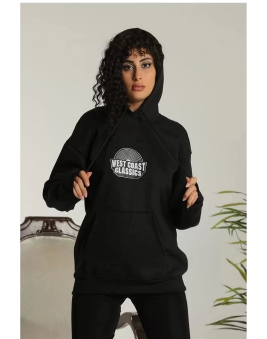 Unisex Sırt Baskılı Kapüşonlu Üç İplik Oversize Sweatshirt - Siyah