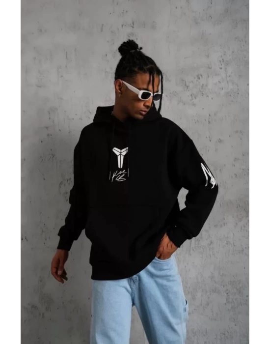 Unisex Sırt Baskılı Kapüşonlu Üç İplik Oversize Sweatshirt - Siyah