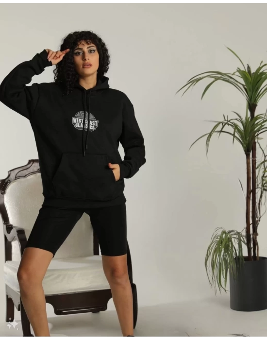 Unisex Sırt Baskılı Kapüşonlu Üç İplik Oversize Sweatshirt - Siyah