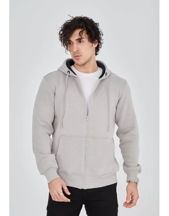 Unisex Tam Fermuarlı Kapşonlu  SweatShirt - Boyalı Gri