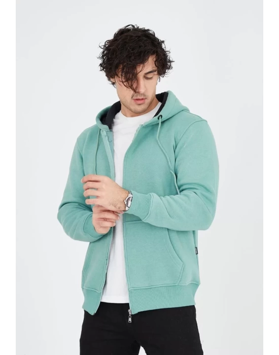 Unisex Tam Fermuarlı Kapşonlu  SweatShirt - Mint Yeşili