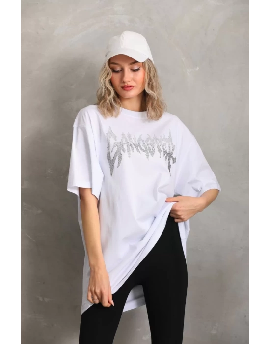 Unisex Taş Desenli Oversize T-Shirt - Beyaz