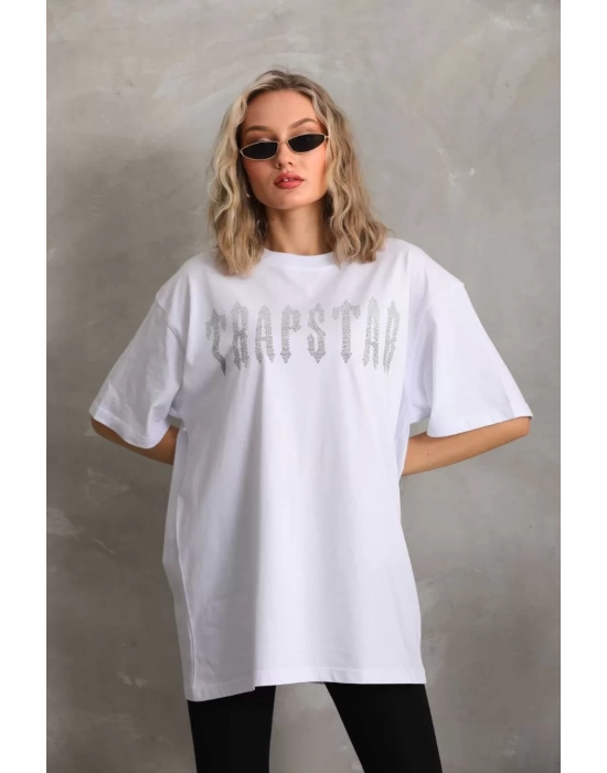 Unisex Taş Desenli Oversize T-Shirt - Beyaz