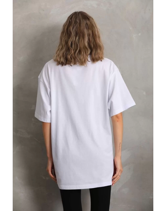 Unisex Taş Desenli Oversize T-Shirt - Beyaz