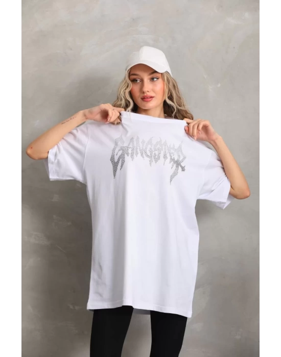 Unisex Taş Desenli Oversize T-Shirt - Beyaz