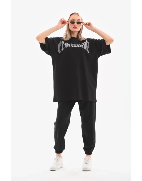 Unisex Taş Desenli Oversize T-Shirt - Beyaz