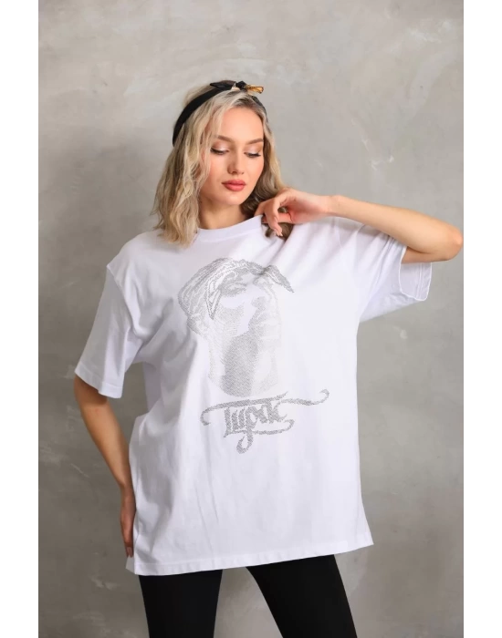 Unisex Taş Desenli Oversize T-Shirt - Beyaz