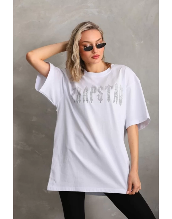 Unisex Taş Desenli Oversize T-Shirt - Beyaz