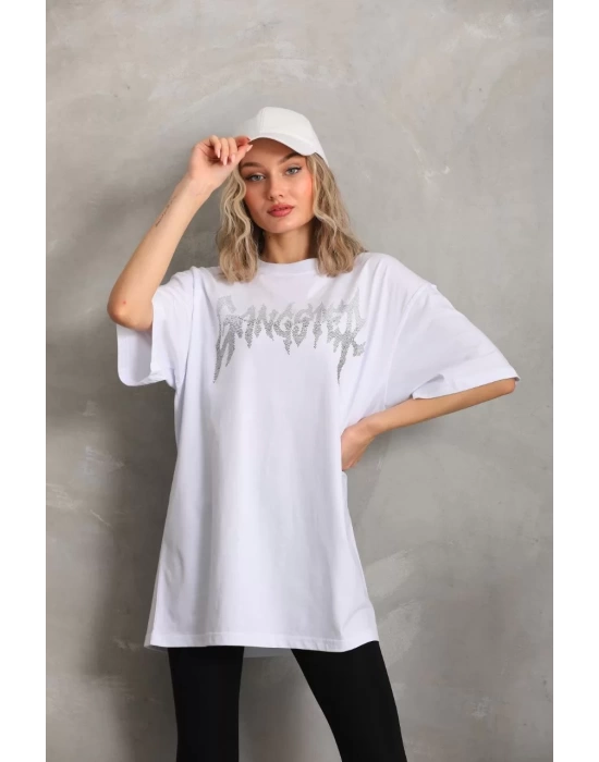 Unisex Taş Desenli Oversize T-Shirt - Beyaz